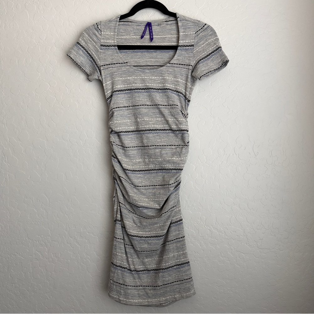 Seraphine Maternity Striped Ruched Bodycon Midi Dress Gray US‎ Sz 2